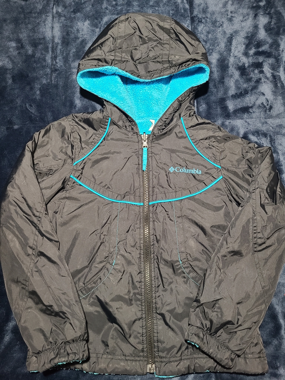 Columbia Girl's Black Hooded Jacket with Bright Turquoise Trim. Size 7-8.